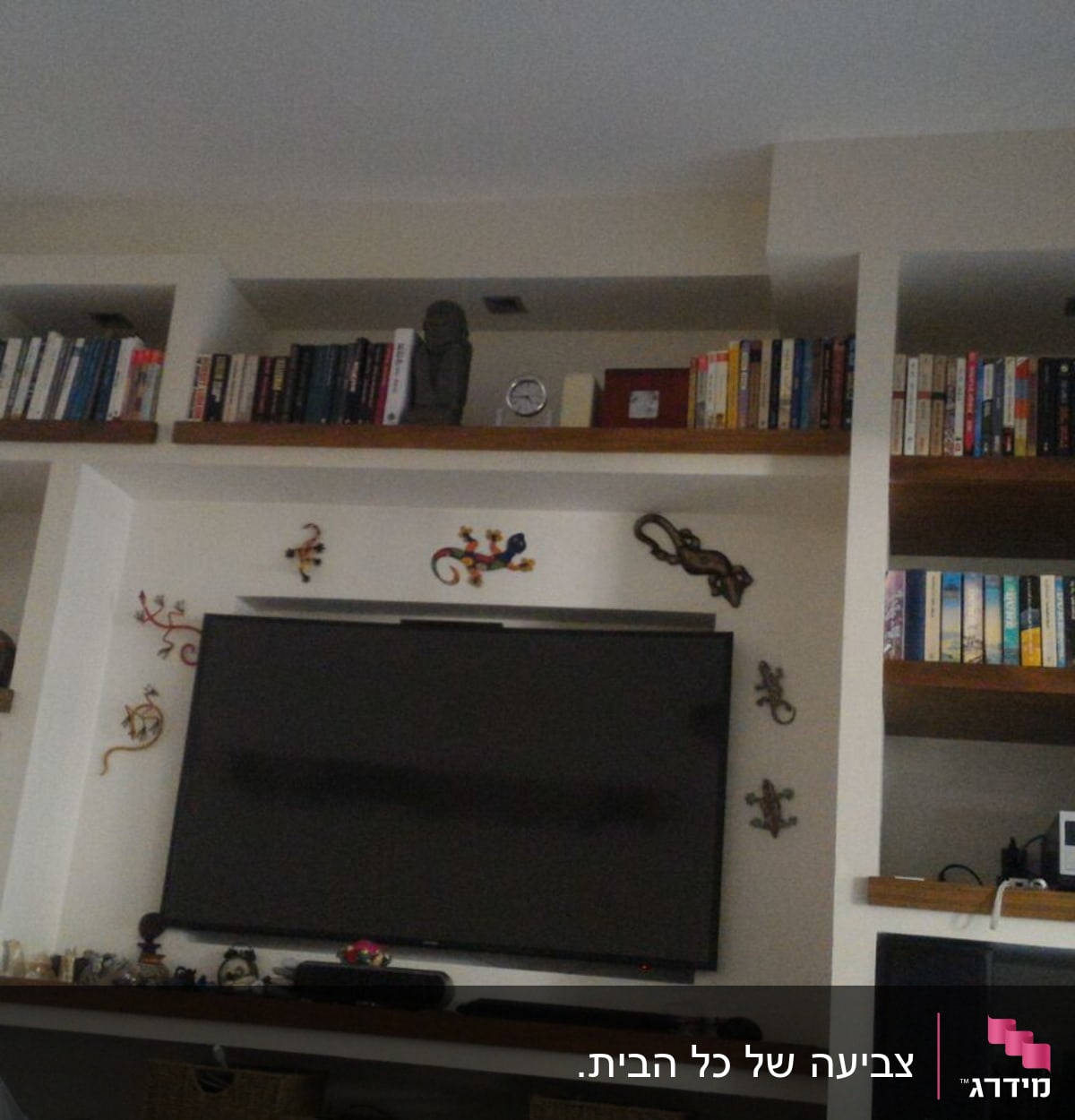 מדפים עם ספרים וקישוטים על קיר בסלון